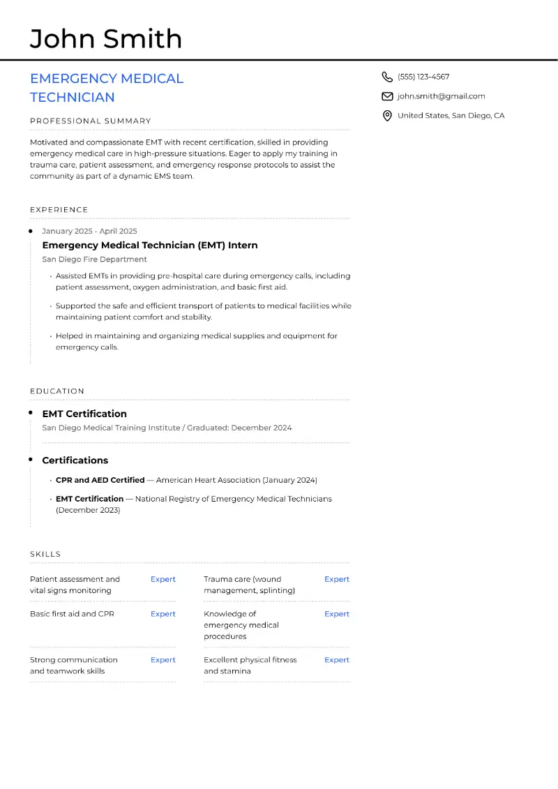 Entry-Level EMT Resume Examples and Templates