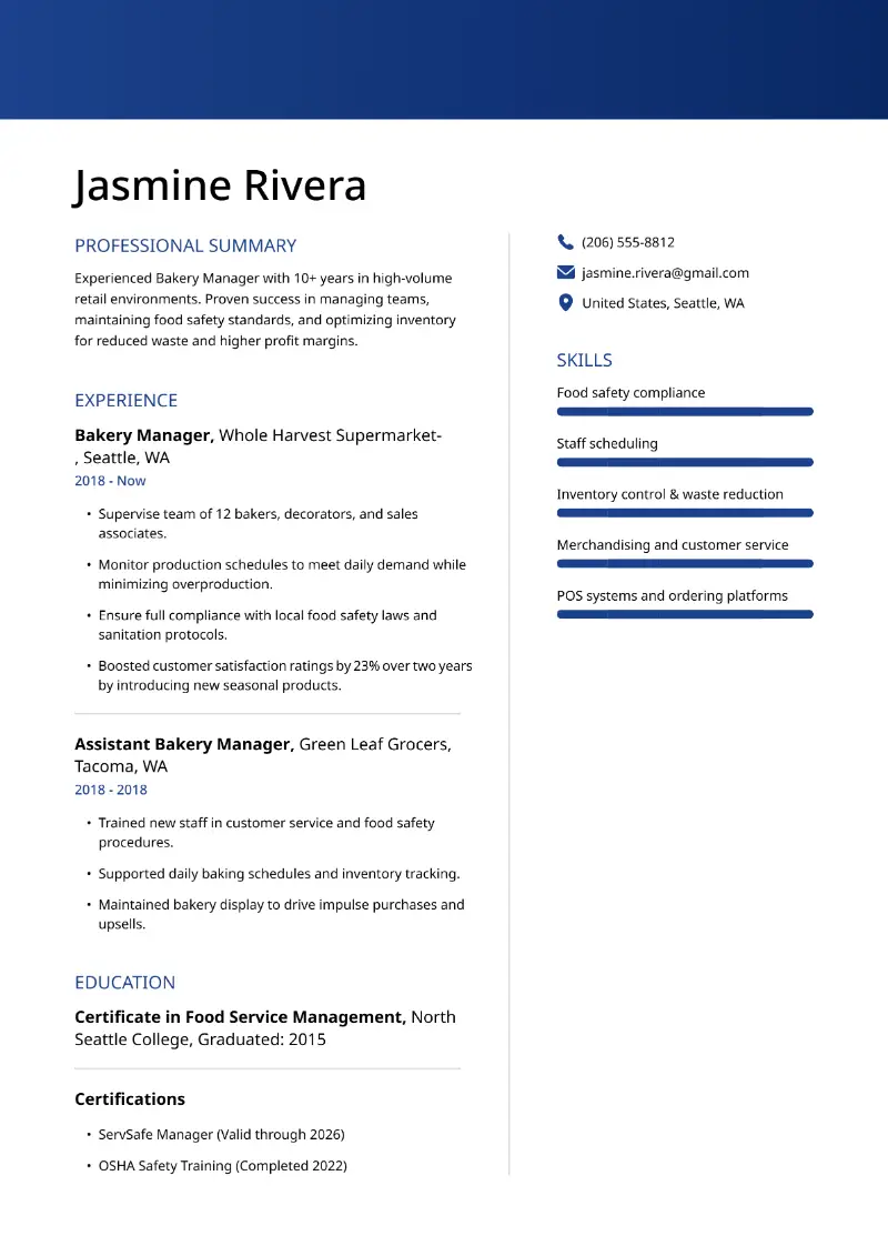 Great Bakery Manager Resume Examples for 2026