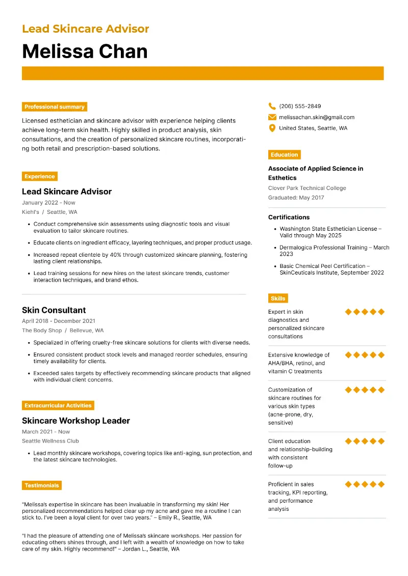 Lead Skincare Advisor Resume