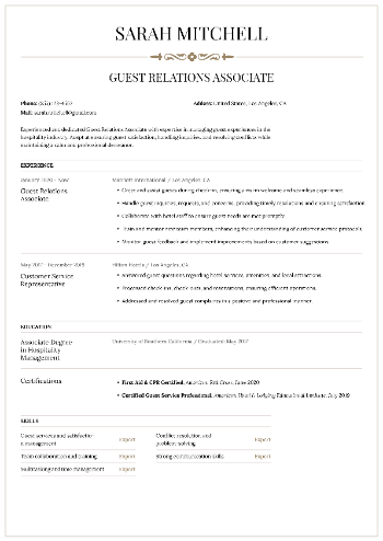 Guest Relations Associate CV Sample