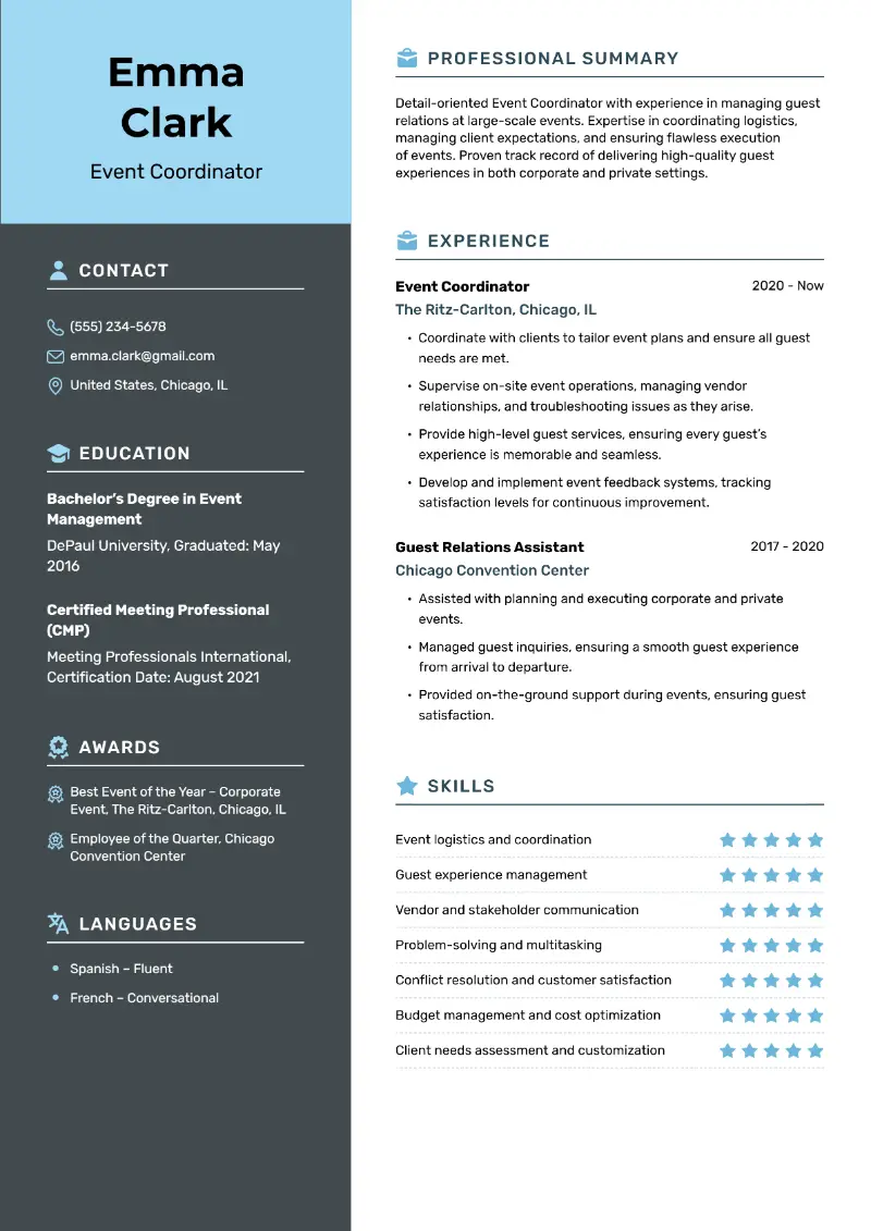 Event Coordinator Resume