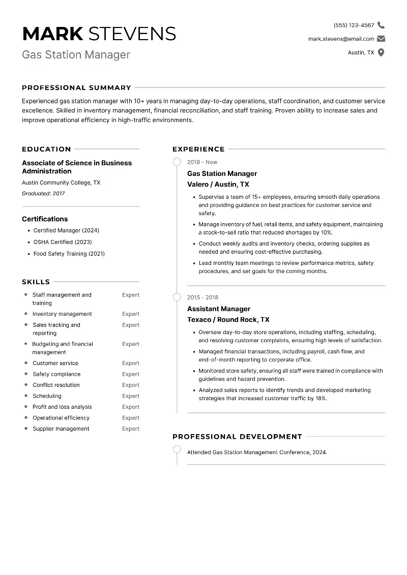 Gas Station Manager Resume