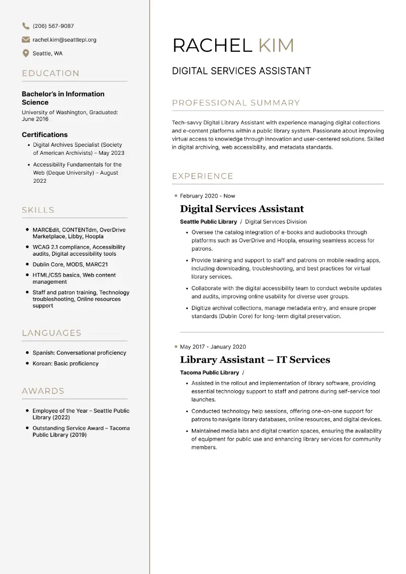 Digital Services Assistant Resume