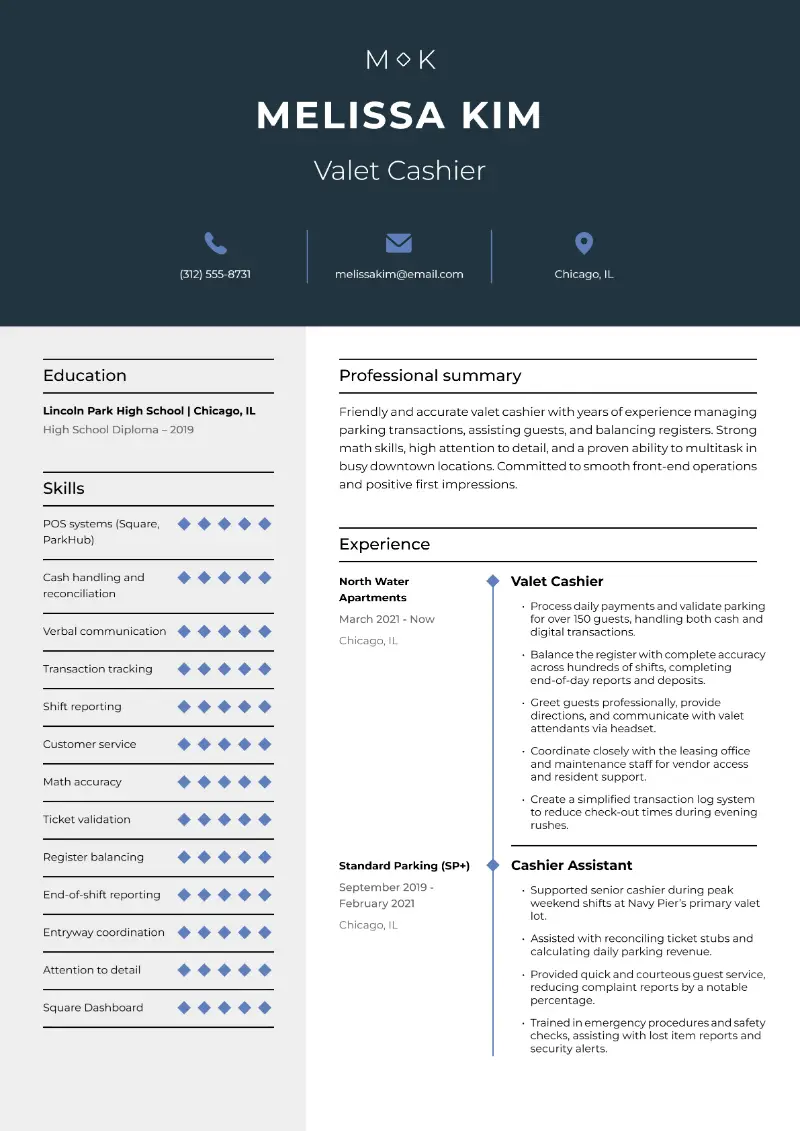 Valet Cashier Resume
