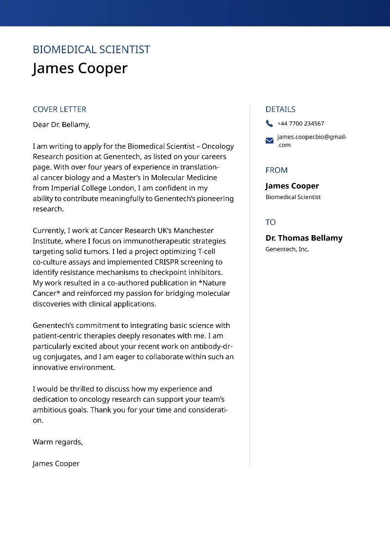 Biomedical Scientist Cover Letter Examples and Guide