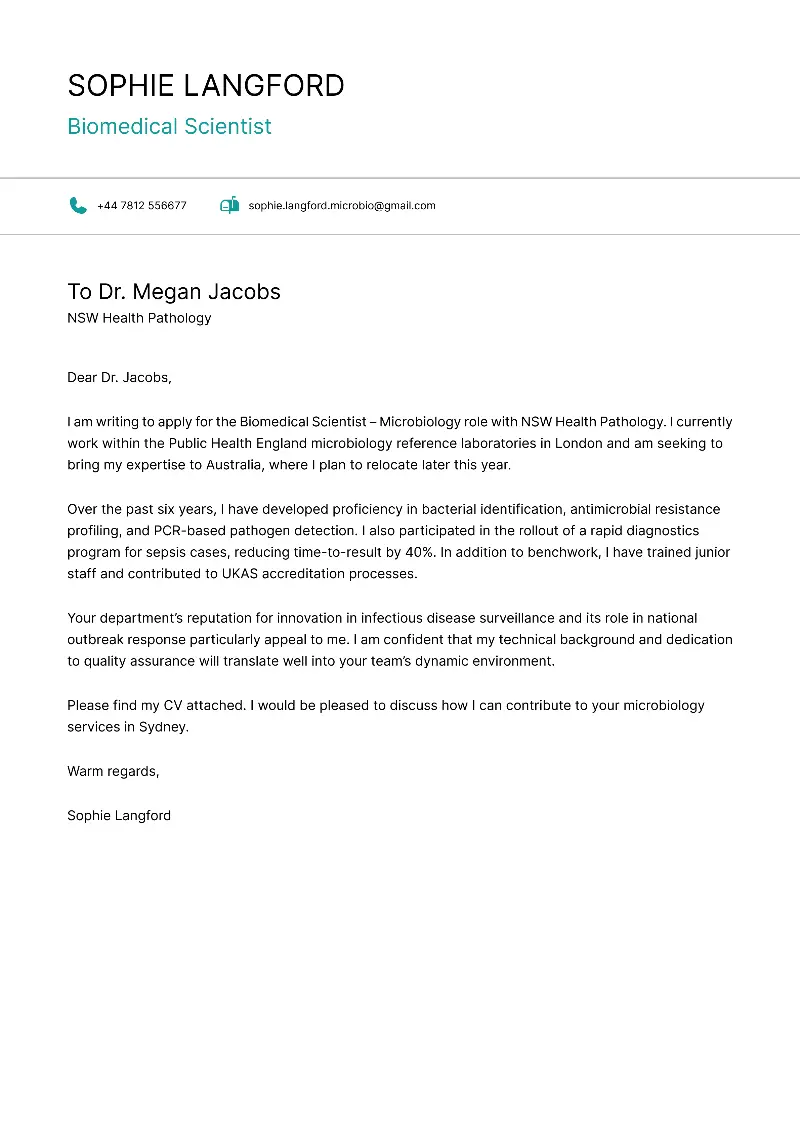 Biomedical Scientist  Cover Letter