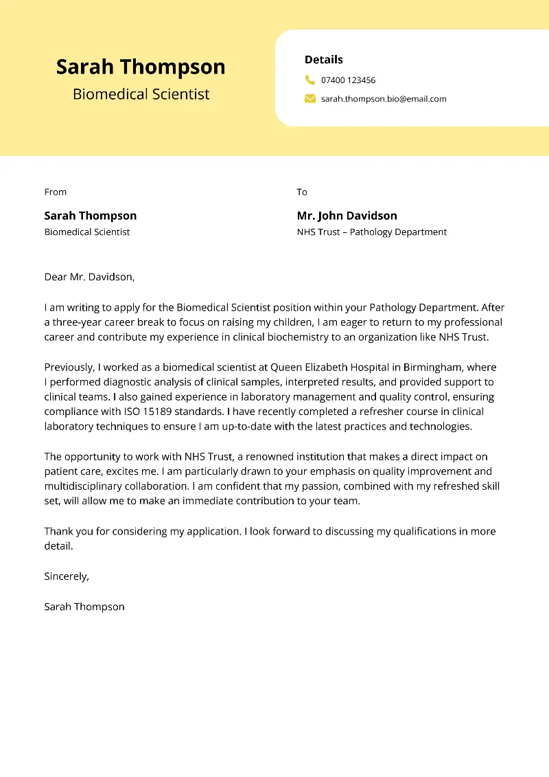 Biomedical Scientist Cover Letter