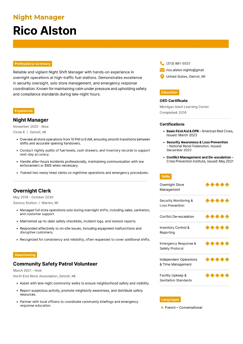 Night Manager  Resume