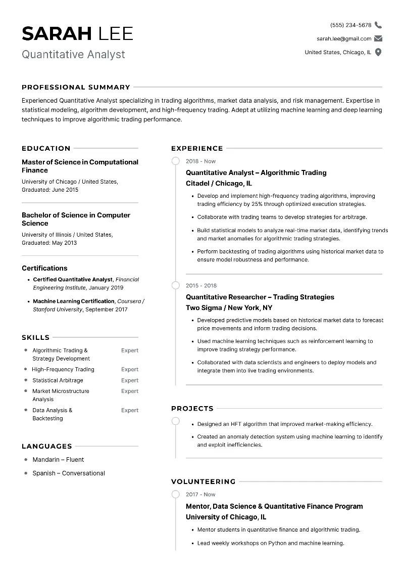 Quantitative Analyst  Resume