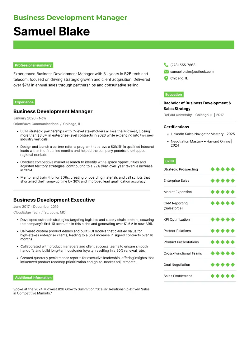 Business Development Manager Resume