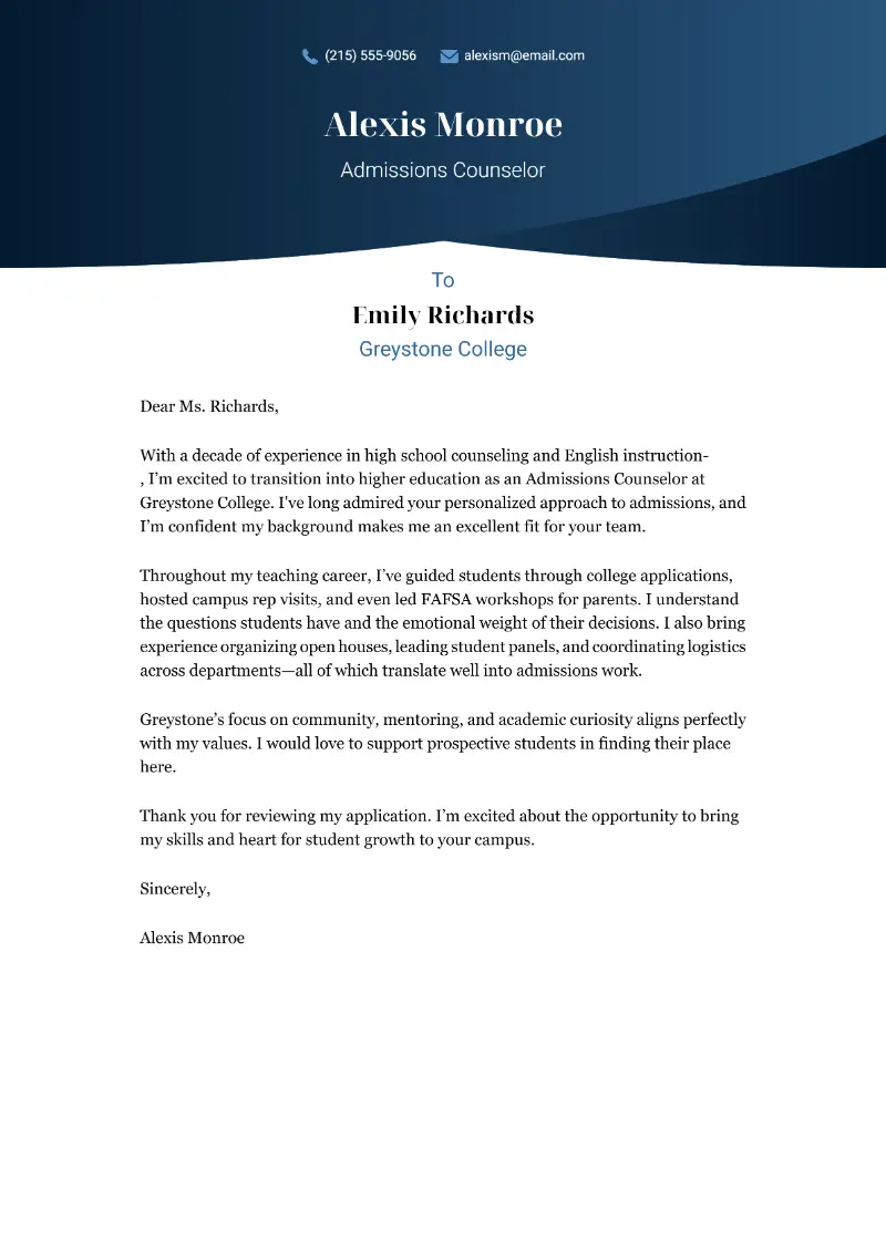 Admissions Counselor Cover Letter