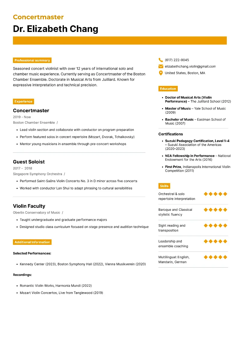 Music Performance Resume Examples and Templates for 2026