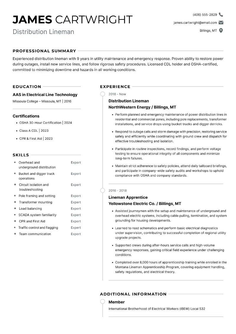 Lineman Resume Examples, Templates & Keywords