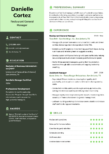 Restaurant General Manager Resume