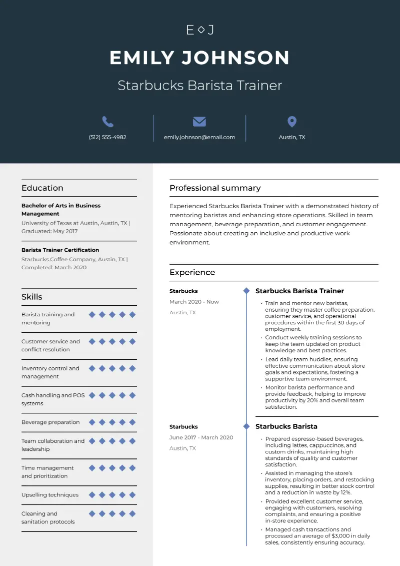 Starbucks Barista Trainer Resume