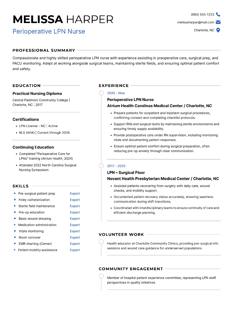 Perioperative LPN Nurse Resume