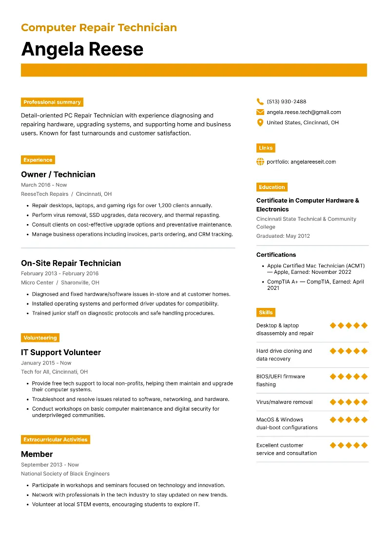 Computer Repair Technician Resume