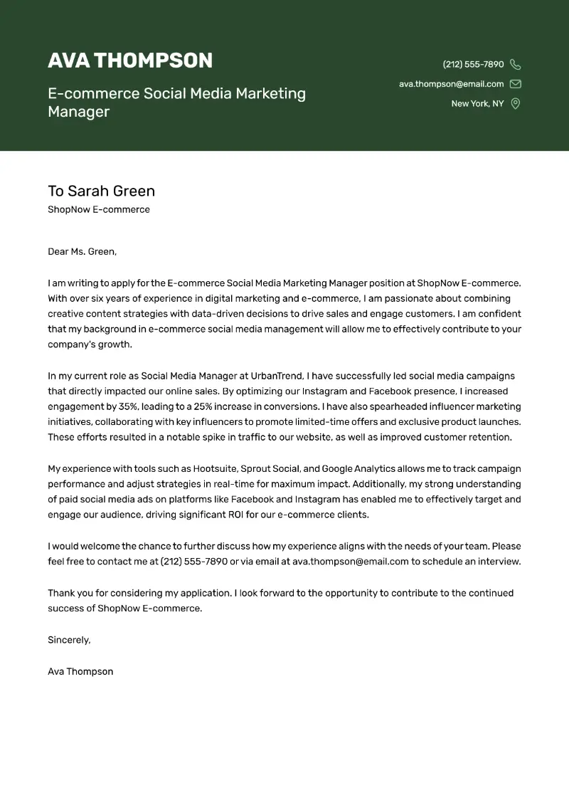 E-commerce Social Media Marketing Manager Cover Letter