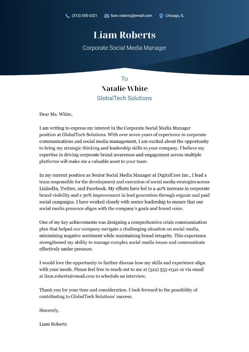 Corporate Social Media Manager Cover Letter