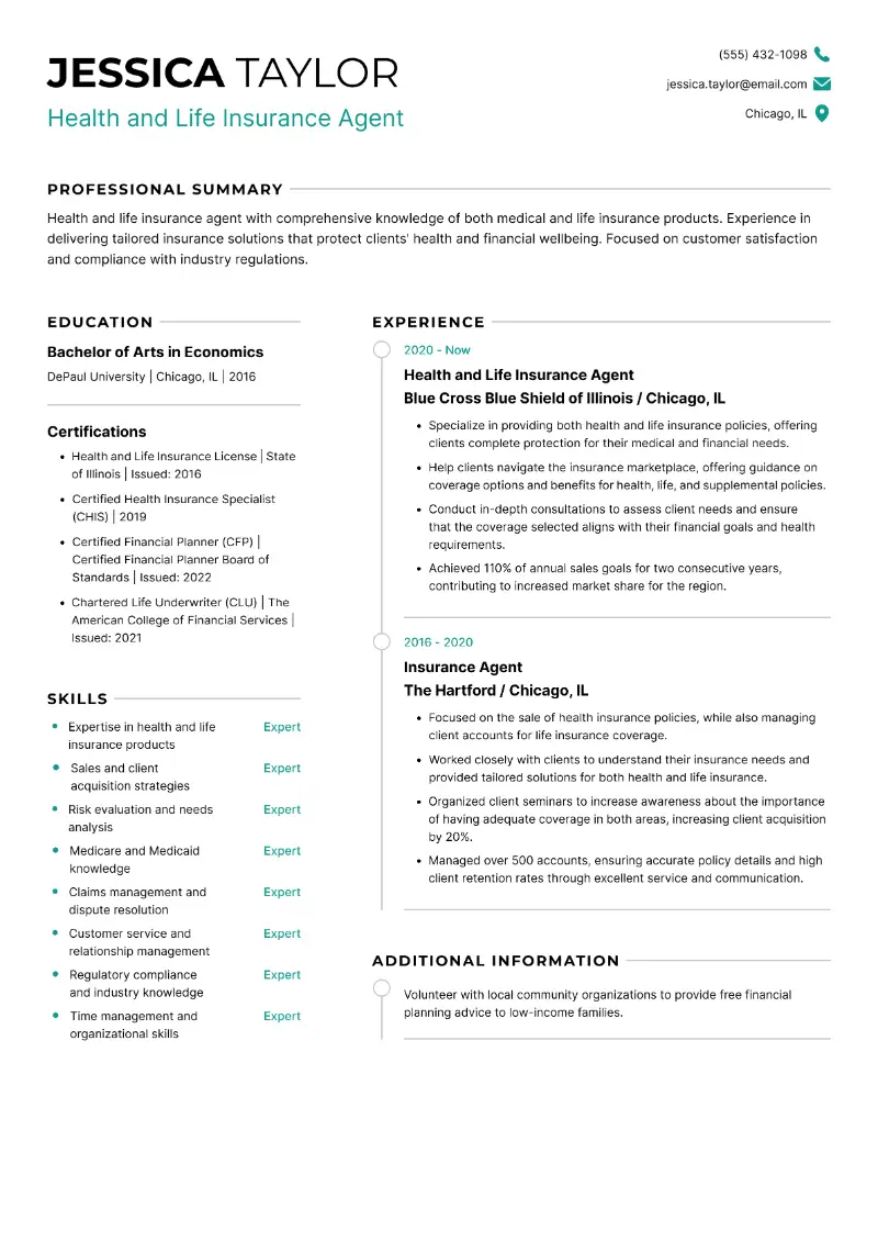 Health and Life Insurance Agent Resume