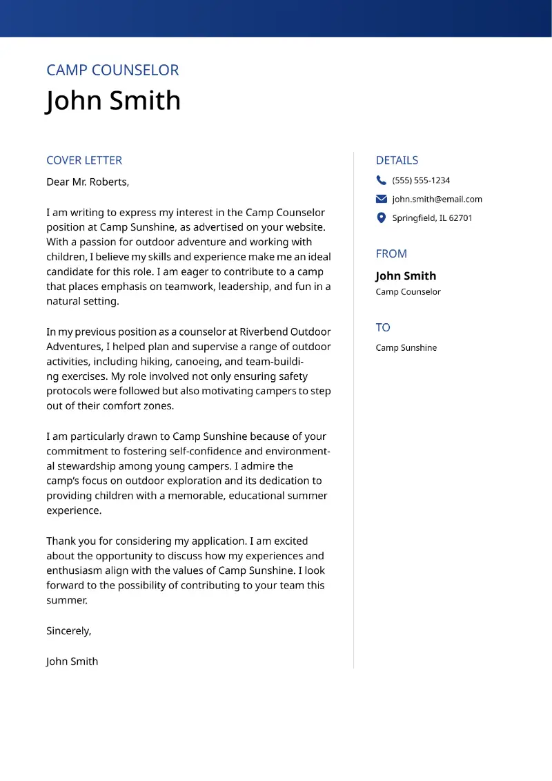 Camp Counselor Cover Letter
