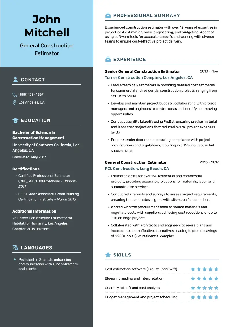 Construction Estimator Resume Examples to Show Expertise