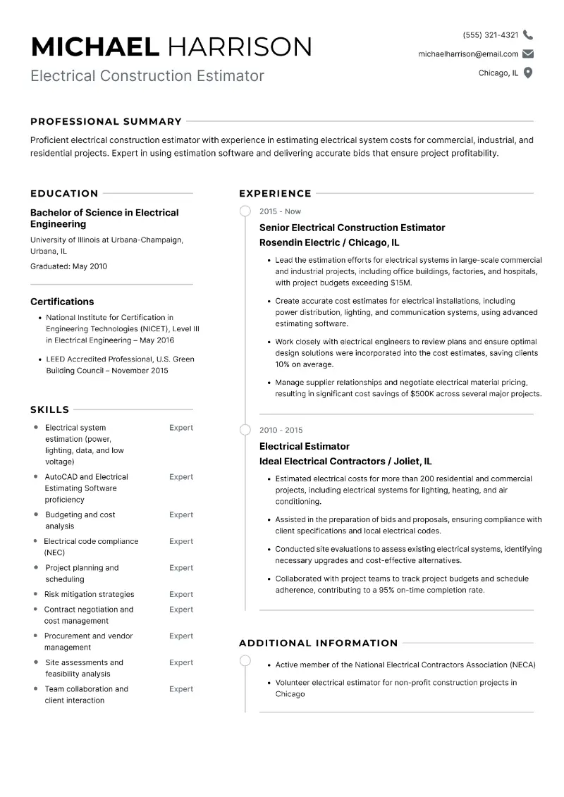 Electrical Construction Estimator Resume