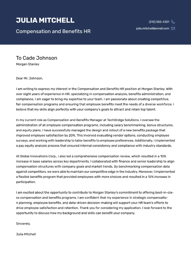 Compensation and Benefits HR Cover Letter