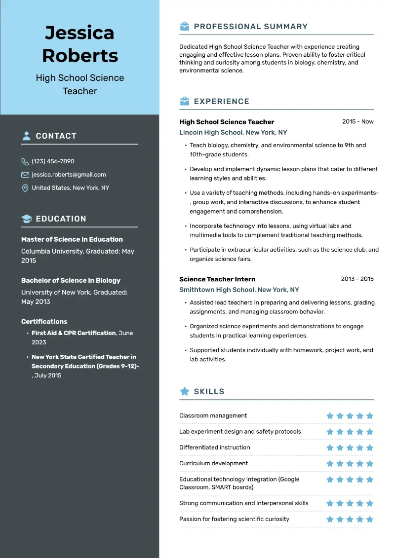 Top 3 Science Teacher Resume Examples & Guide for 2026
