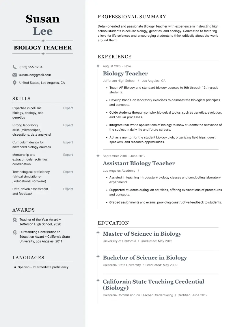 Biology Teacher Resume