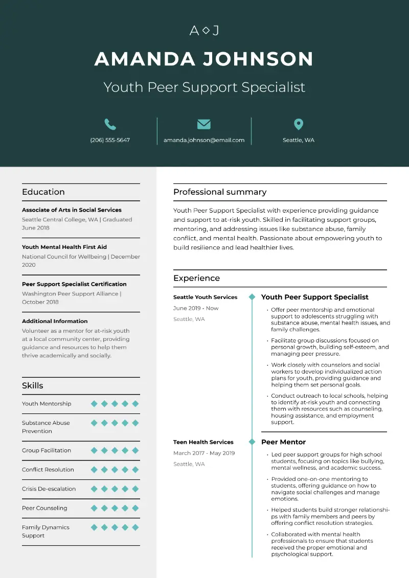 Youth Peer Support Specialist Resume
