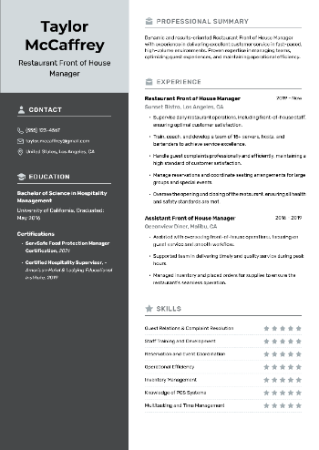 Restaurant Front of House Manager CV Sample