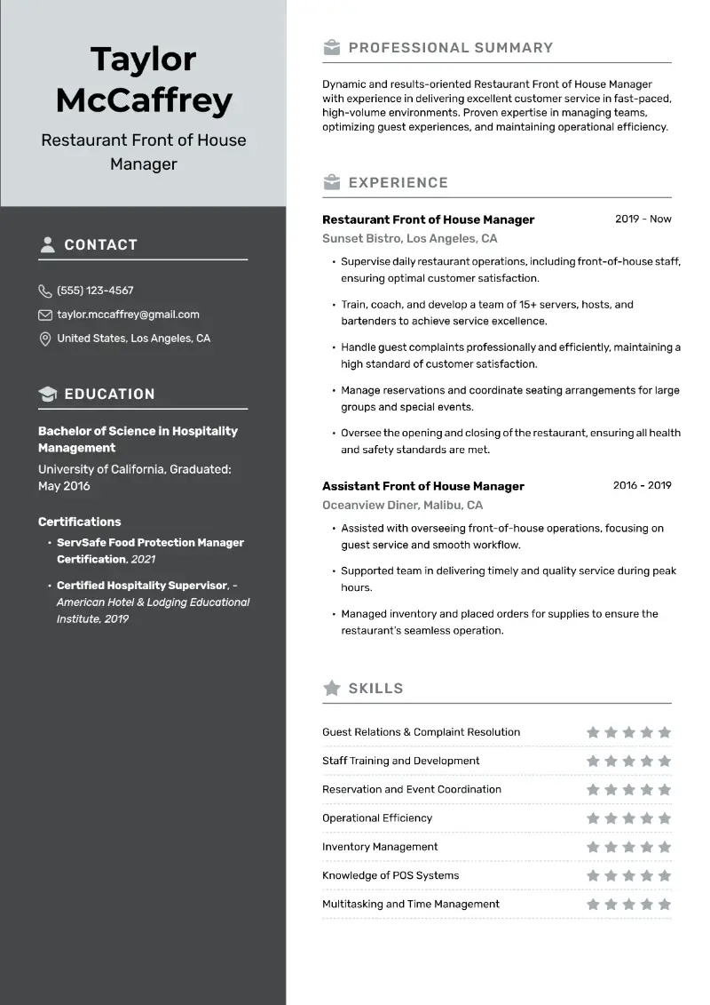Restaurant Front of House Manager Resume