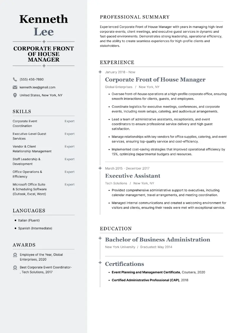 Corporate Front of House Manager Resume