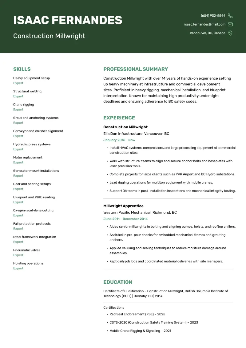 Construction Millwright Resume