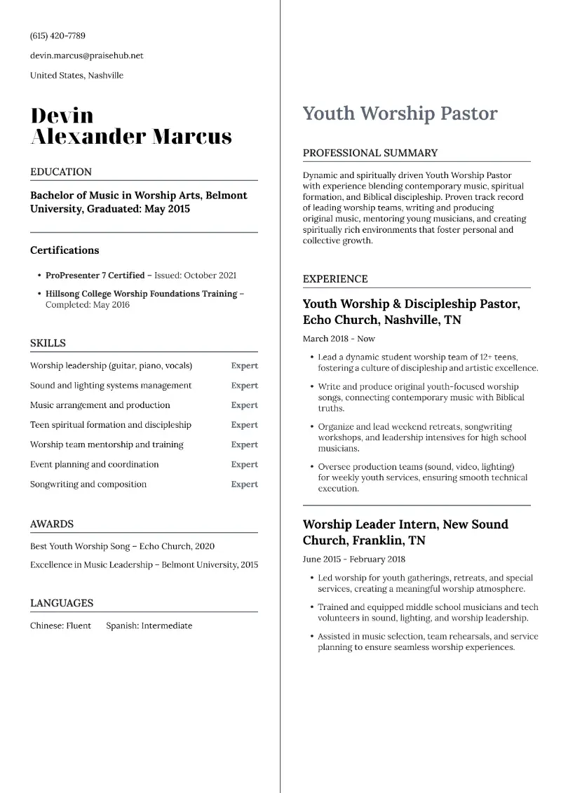 Youth Worship Pastor Resume