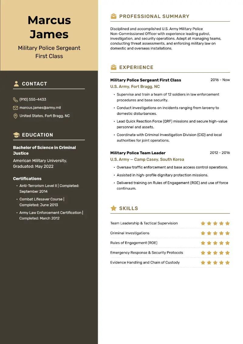 Military Police Resume Examples and Writing Tips for 2025