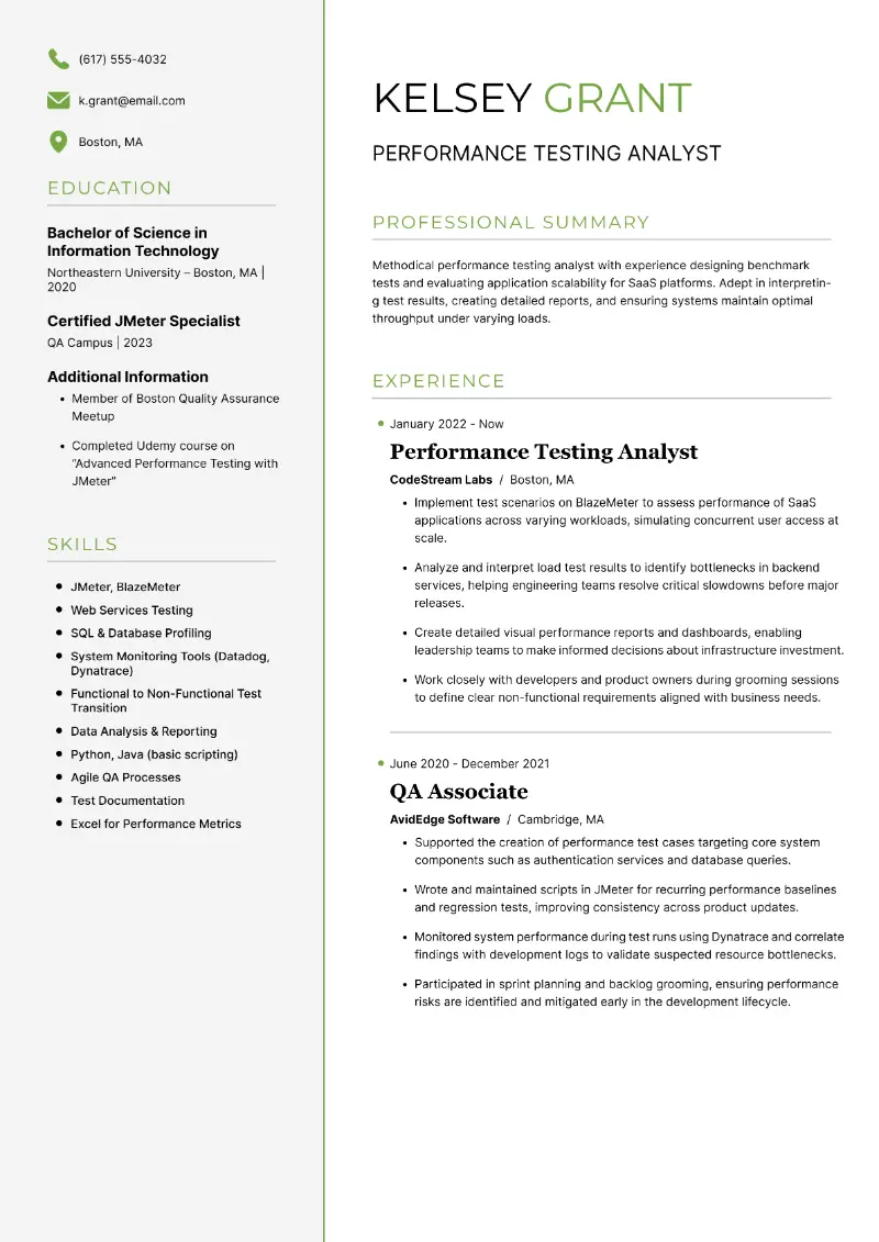Performance Testing Analyst Resume