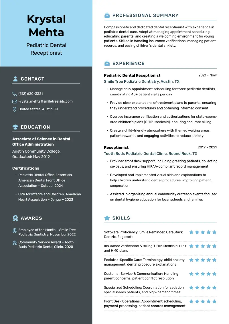 Pediatric Dental Receptionist Resume