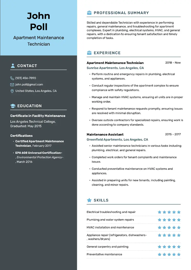3 Apartment Maintenance Resume Examples for 2025