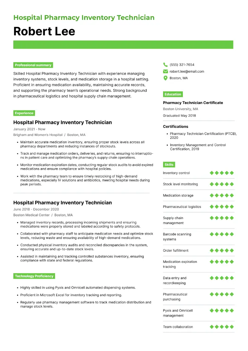 Hospital Pharmacy Inventory Technician Resume