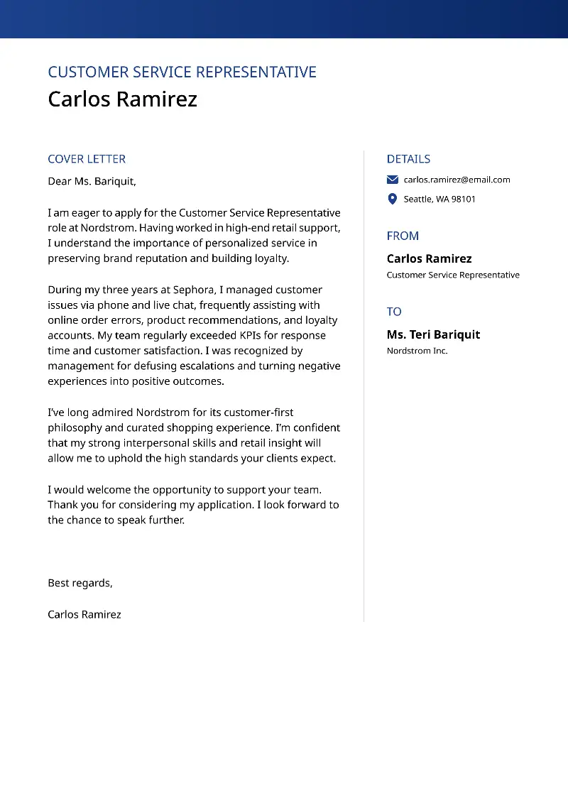 Customer Service Representative Cover Letter