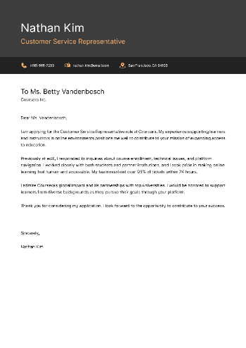 Customer Service Representative Cover Letter