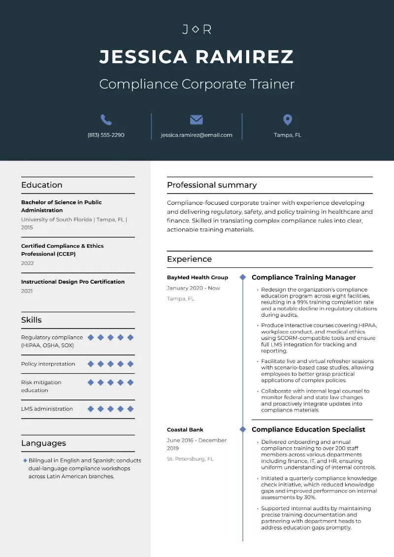 Compliance Corporate Trainer Resume