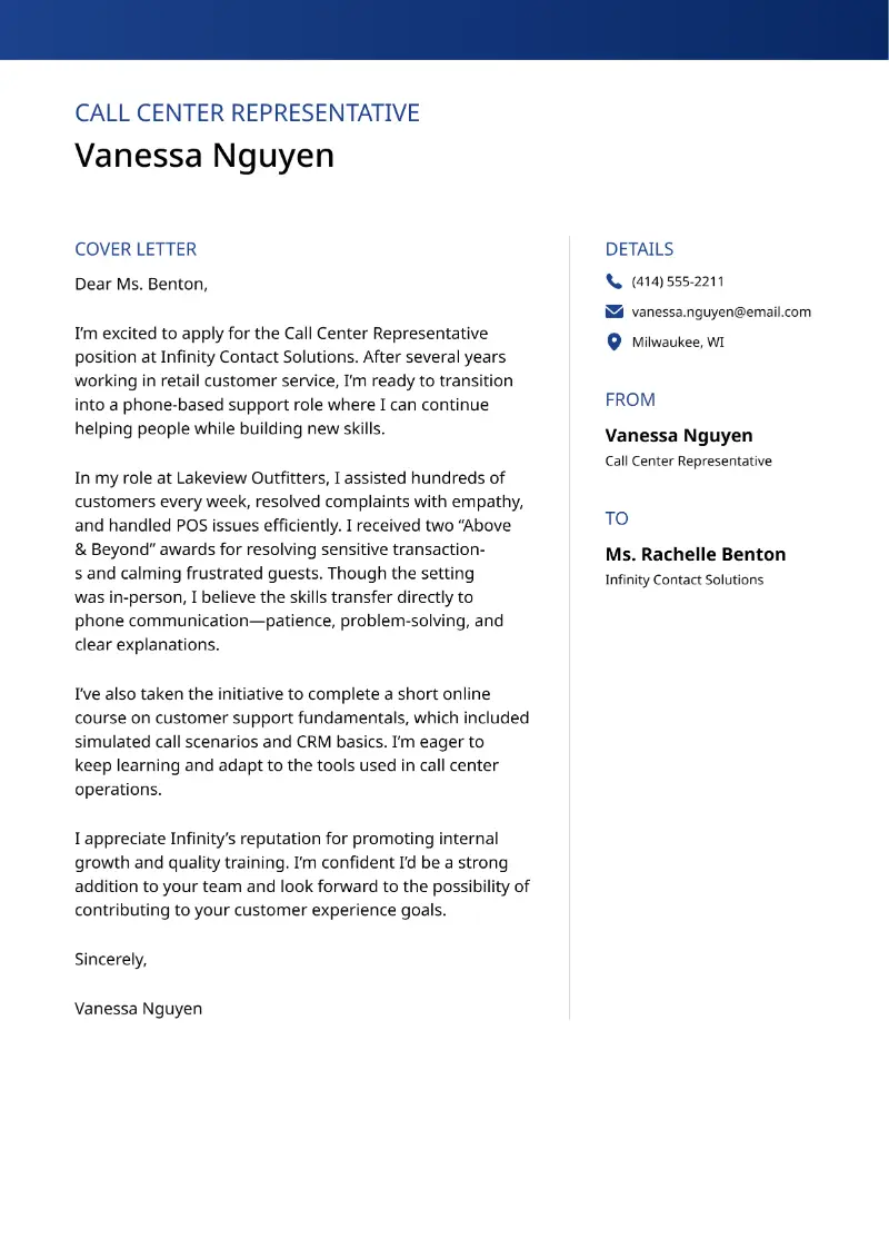 Call Center Representative Cover Letter