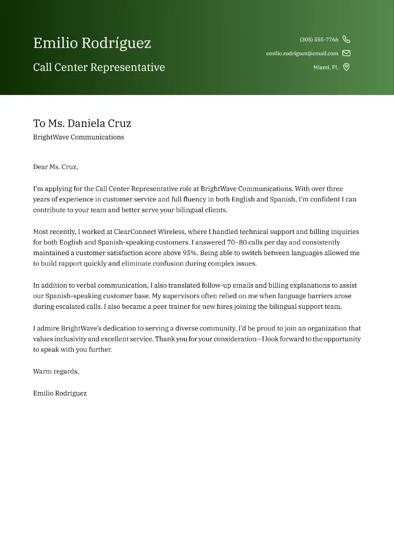 Call Center Representative Cover Letter