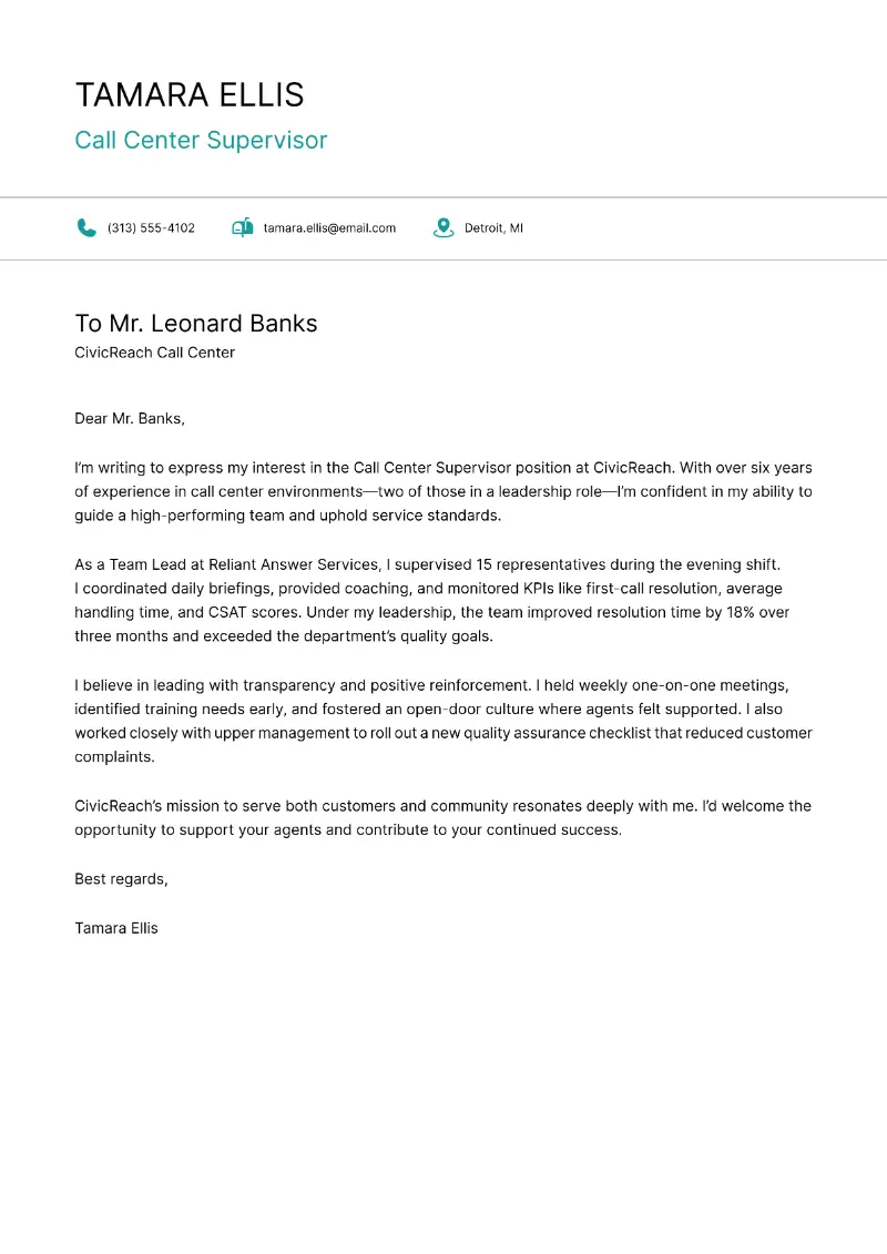 Call Center Supervisor Cover Letter