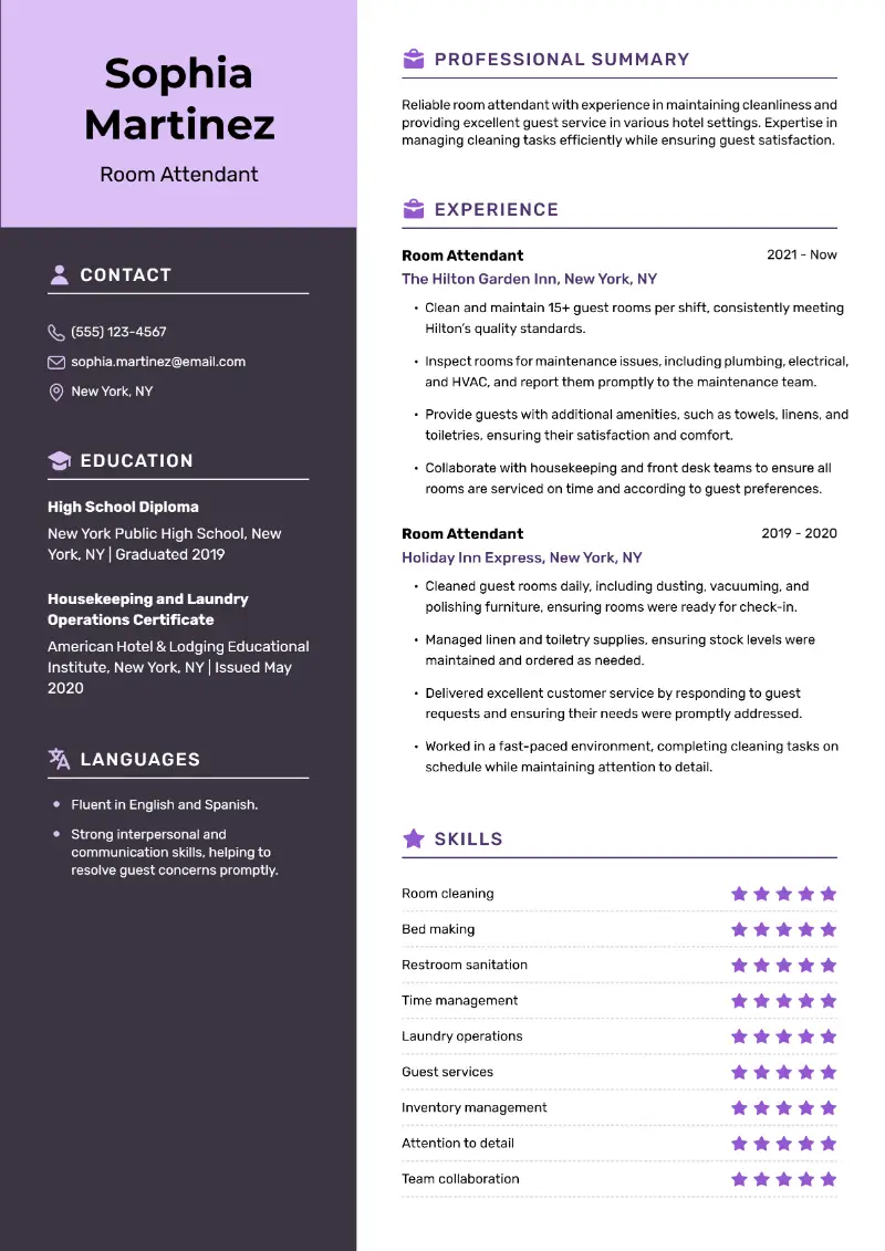 Room Attendant Resume Examples and Writing Tips for 2025