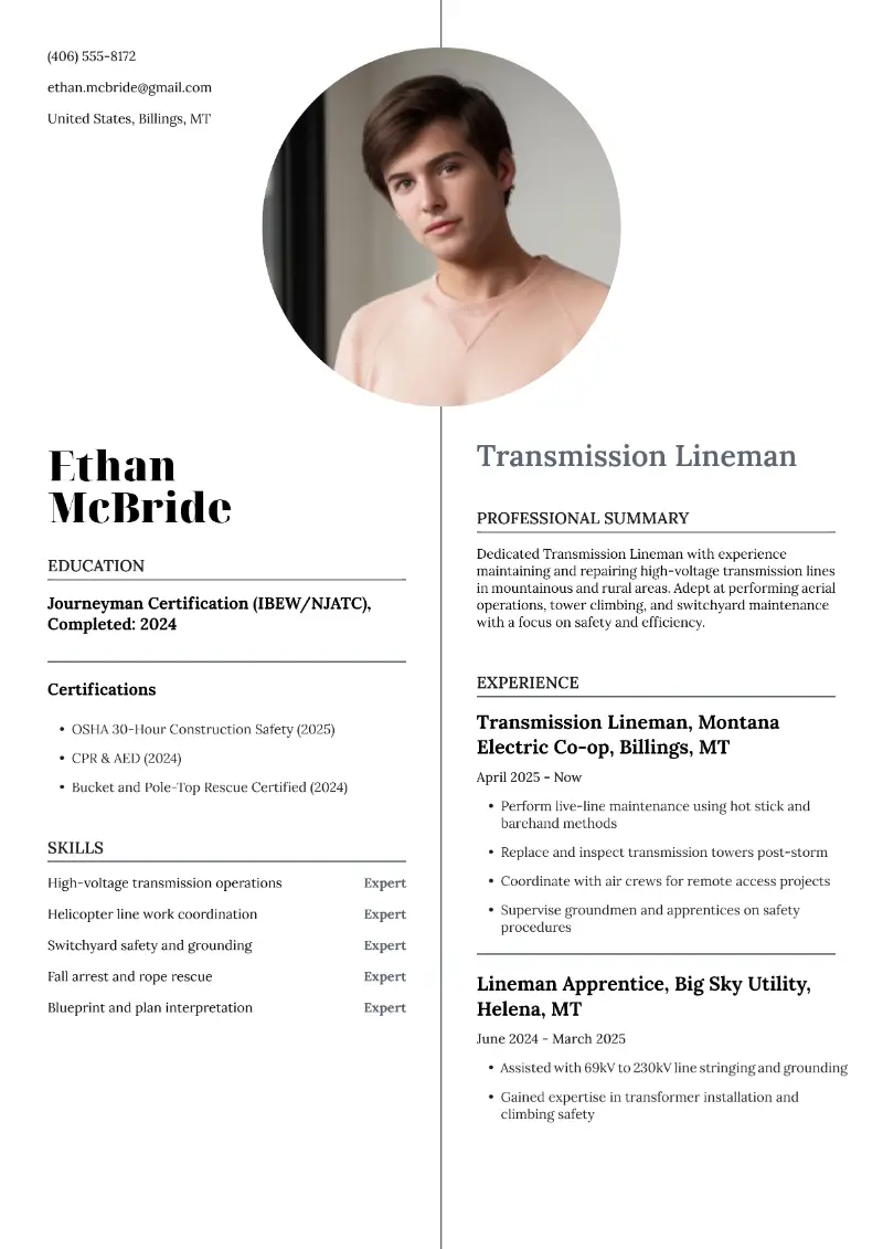 Journeyman Lineman Resume Examples and Templates for 2025