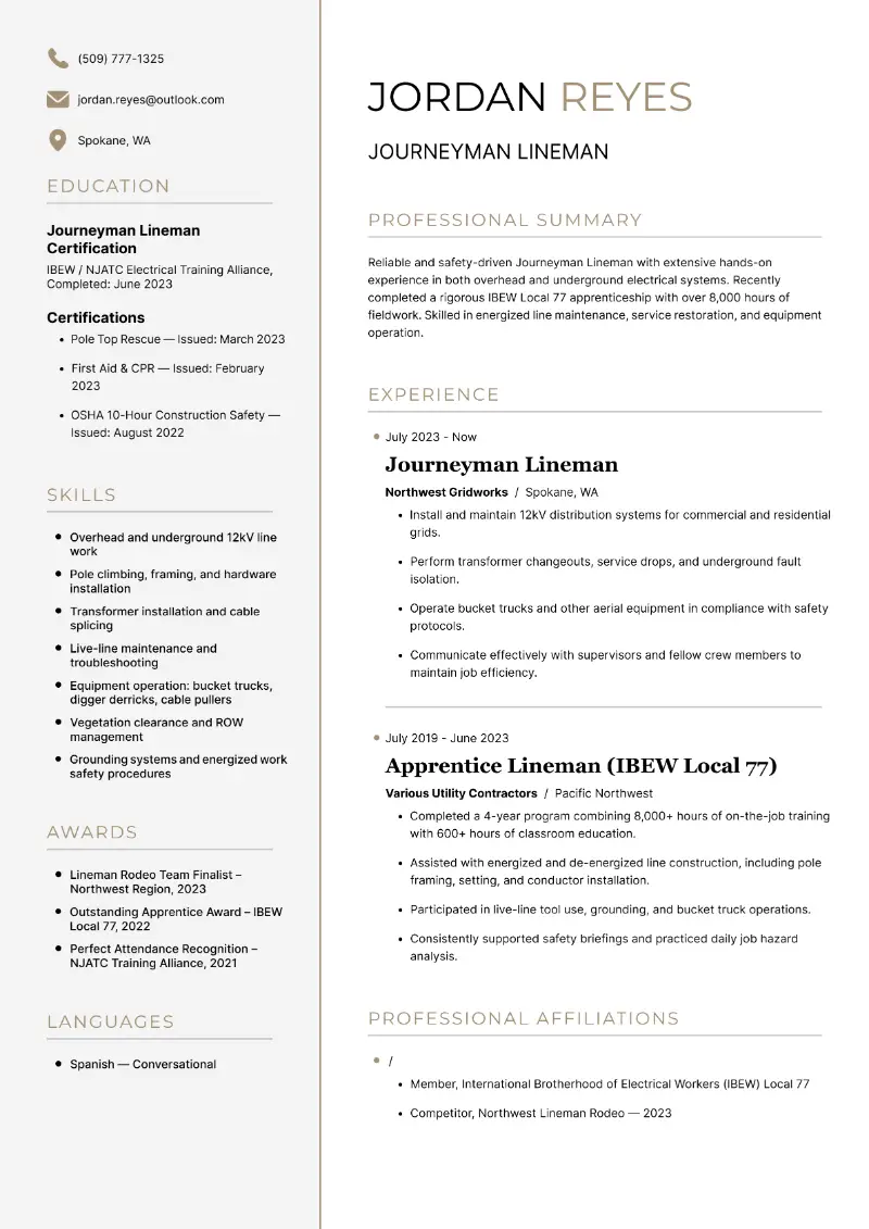Journeyman Lineman Resume